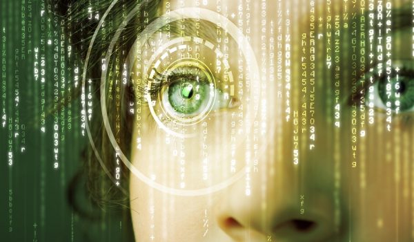 Modern cyber woman with matrix eye concept